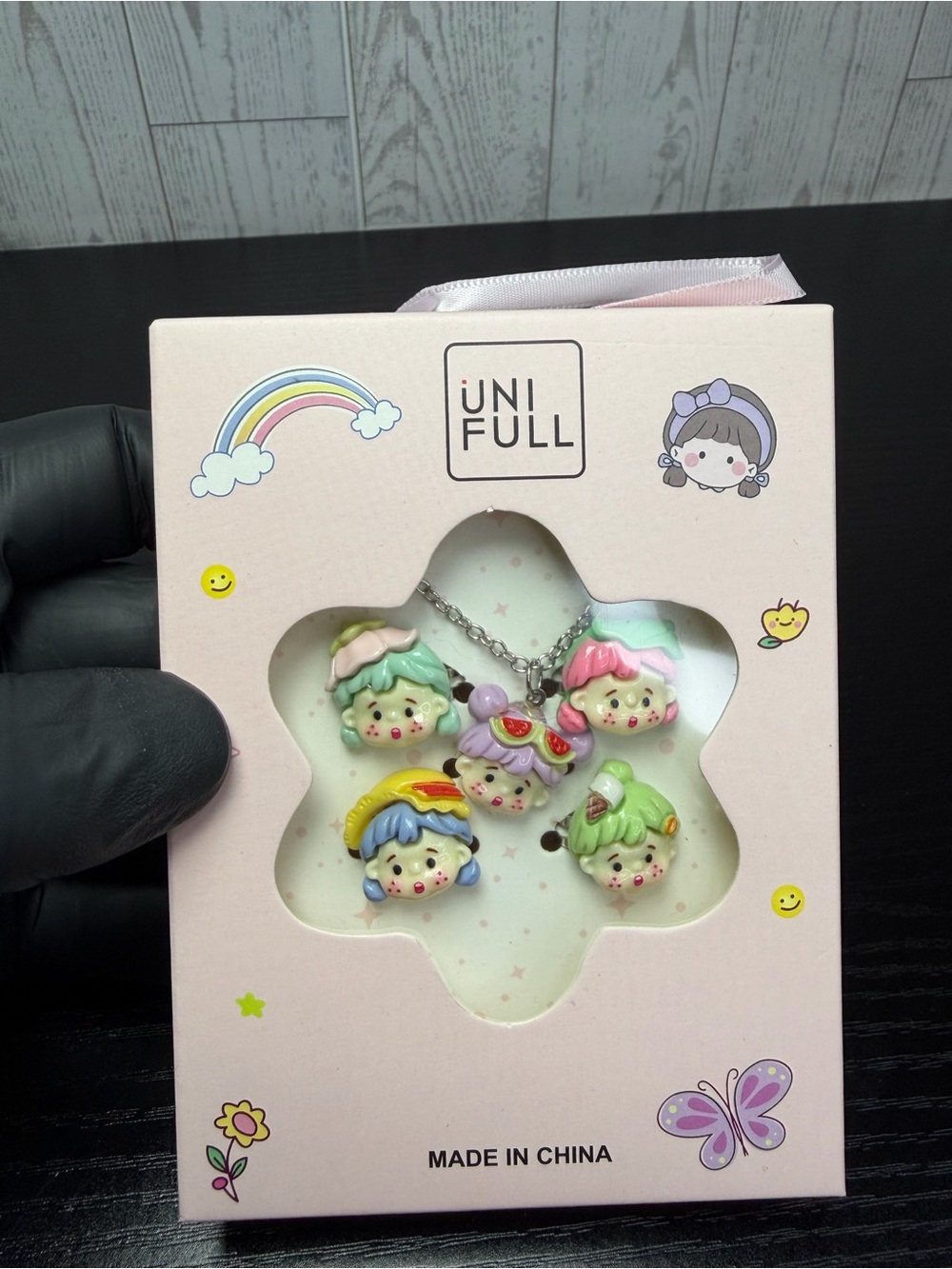 UNIFULL Pastel Kawaii Character Necklace And Ring Set - Multi Silver Tone